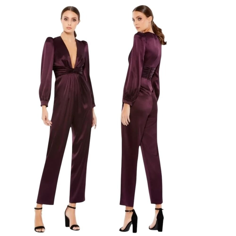 Mac Duggal Plum Satin Puff Sleeve Deep V Formal Straight Leg Jumpsuit Sz 2 EUC